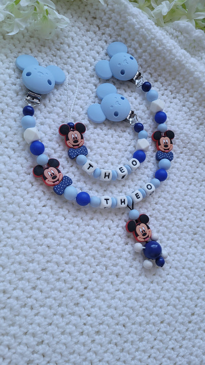 Kinderwagenkette & Schnullerkette mit Namen Maus blau