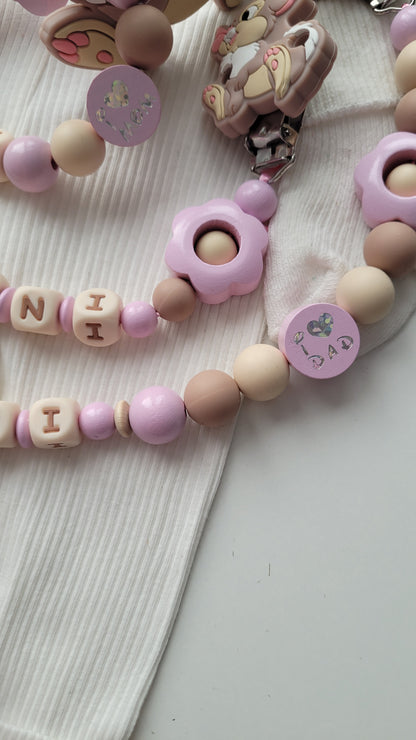 3tlg Set Schnullerkette Kinderwagenkette Beissring Hase & Blumen rosa taupe