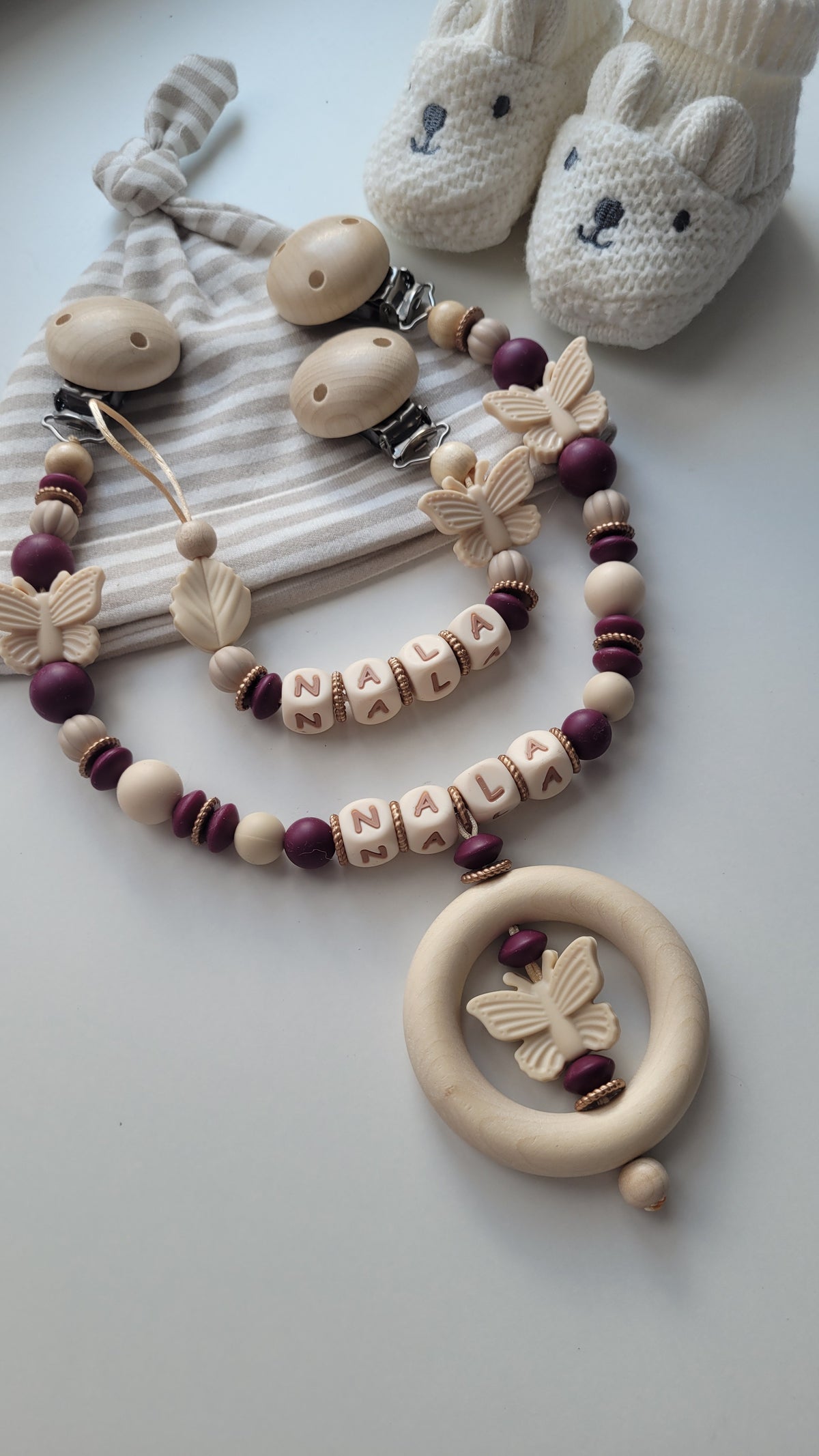 Kinderwagenkette & Schnullerkette Set mit Namen Schmetterling Blatt goldene Scheiben bordeaux beige braun Silikon Holz | personalisiert