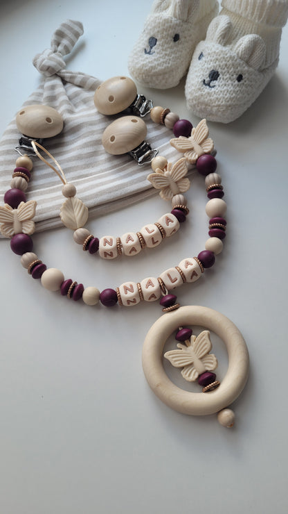 Kinderwagenkette & Schnullerkette Set mit Namen Schmetterling Blatt goldene Scheiben bordeaux beige braun Silikon Holz | personalisiert
