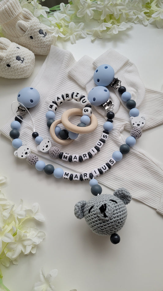 3tlg Set Schnullerkette Kinderwagenkette Greifling Bärchen blau weiss