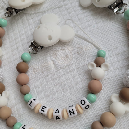 Kinderwagenkette & Schnullerkette mit Namen *Maus* beige weiss mint