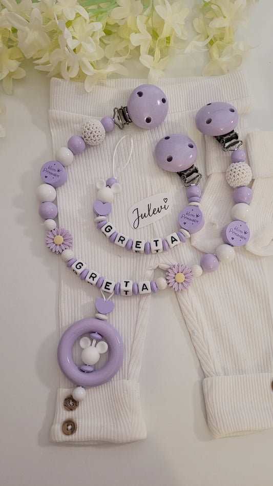 Kinderwagenkette & Schnullerkette mit Namen Maus flieder