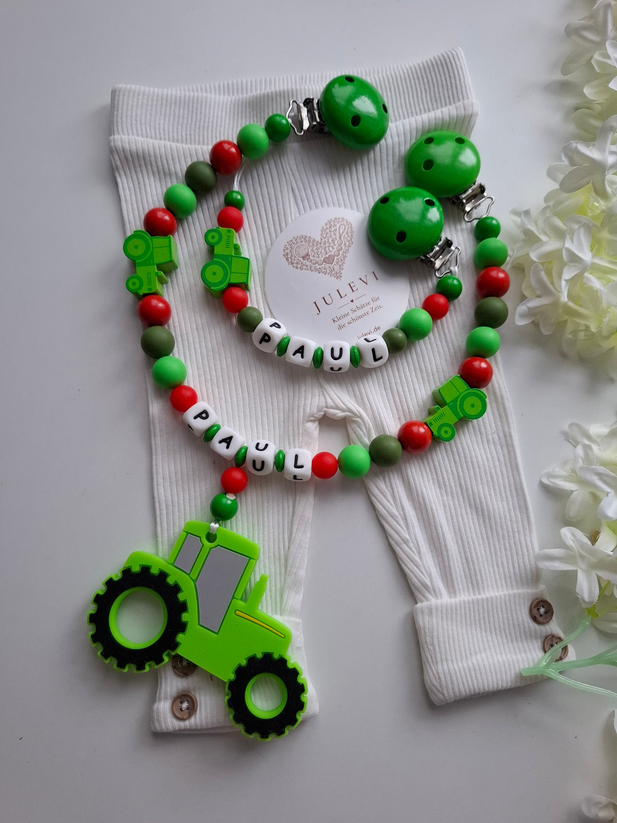 Kinderwagenkette & Schnullerkette Set mit Namen Traktor grün rot personalisiert