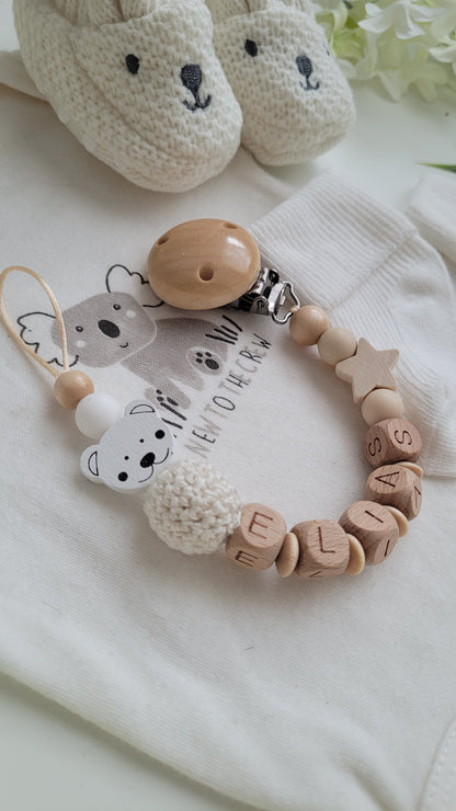 3tlg Set Schnullerkette Kinderwagenkette Greifling Teddy beige weiss