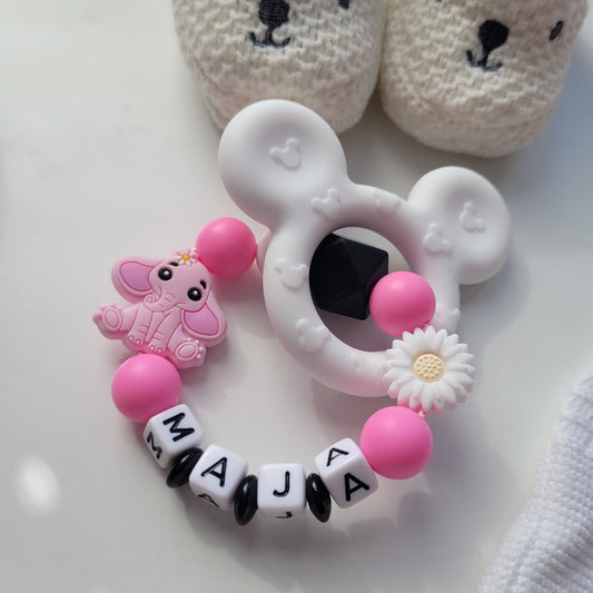 Motorik Greifring mit Namen Elefant Maus weiss schwarz pink