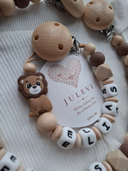 3er Set Schnullerkette Kinderwagenkette & Greifring mit Namen Löwe braun beige Holz