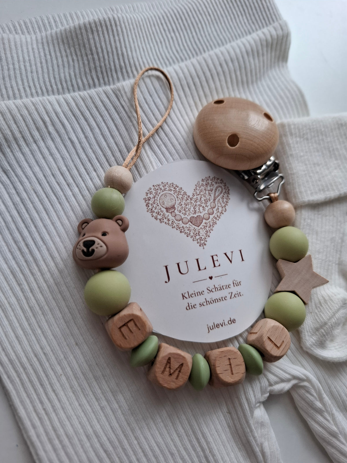 Kinderwagenkette & Schnullerkette Set mit Namen Bärchen grün holz beige Silikon Holz | personalisiert