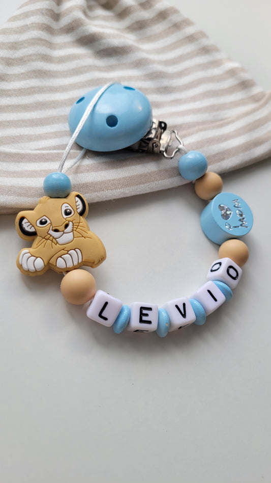 Schnullerkette mit Namen für Jungen Löwen blau beige weiss