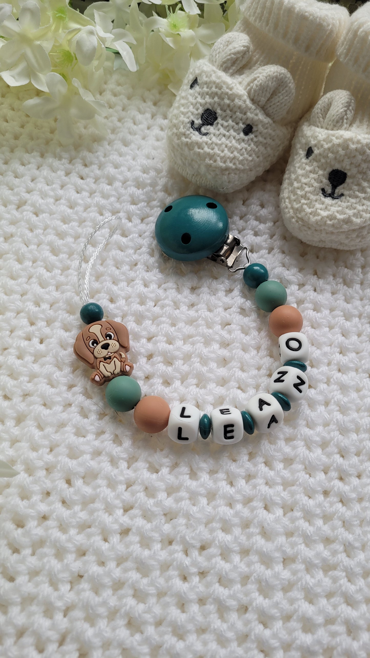 Kinderwagenkette & Schnullerkette Set Baby Hund für Jungen braun Salbei grün