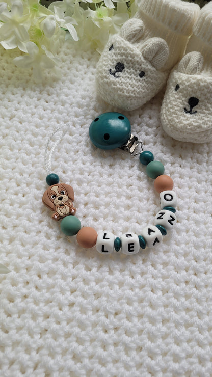 Kinderwagenkette & Schnullerkette Set Baby Hund für Jungen braun Salbei grün