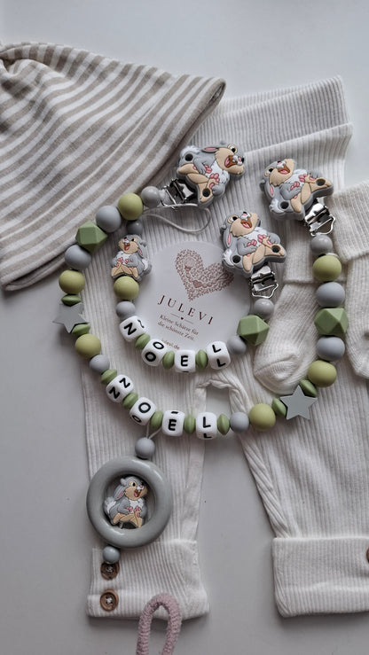 Kinderwagenkette & Schnullerkette Set mit Namen Hase grau grün Silikon | personalisiert