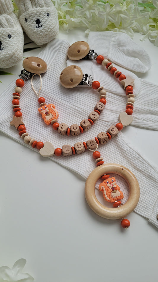 Kinderwagenkette & Schnullerkette Eichhörnchen Holz Orange