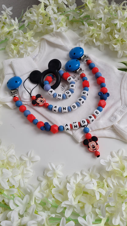 3tlg Set Schnullerkette Kinderwagenkette Greifling Mickey Maus blau rot