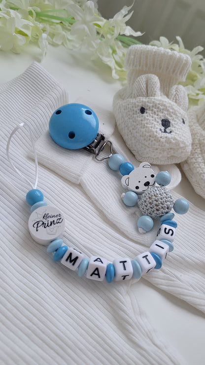 Schnullerkette mit Namen für Jungen Teddy & kleiner Prinz blau hellblau