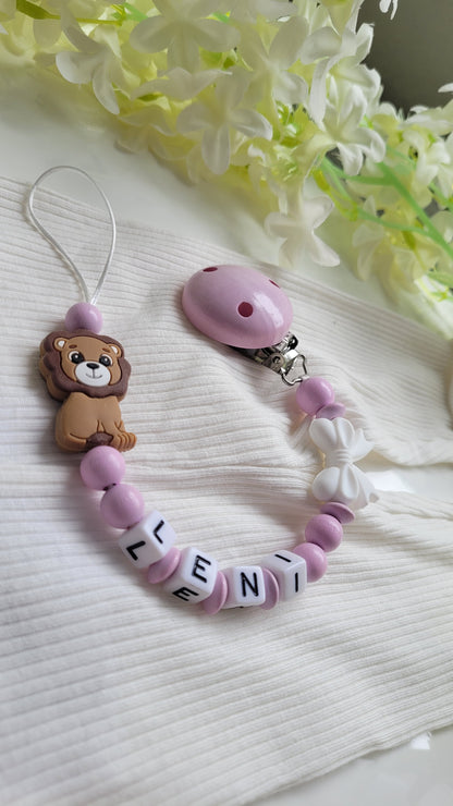 Kinderwagenkette & Schnullerkette mit Namen Löwe rosa