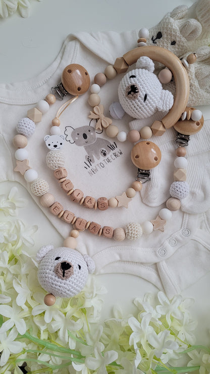 3tlg Set Schnullerkette Kinderwagenkette Greifling Teddy beige weiss