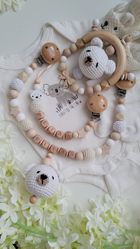 3tlg Set Schnullerkette Kinderwagenkette Greifling Teddy beige weiss