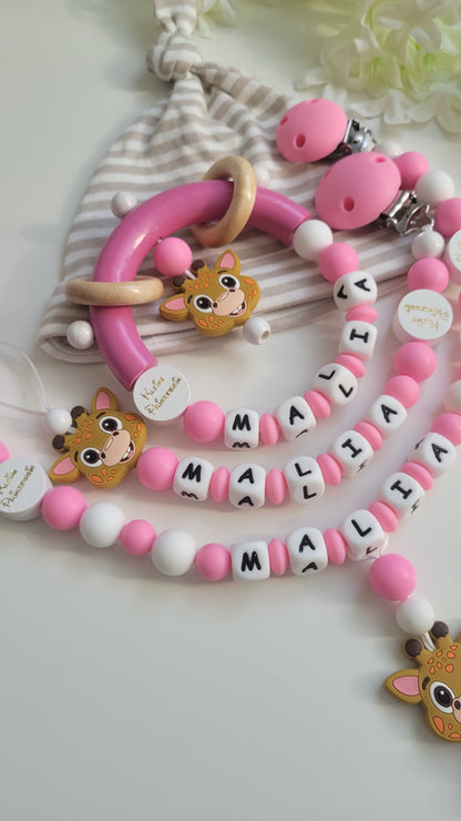 3tlg.Set Schnullerkette Kinderwagenkette & Greifring Giraffe pink