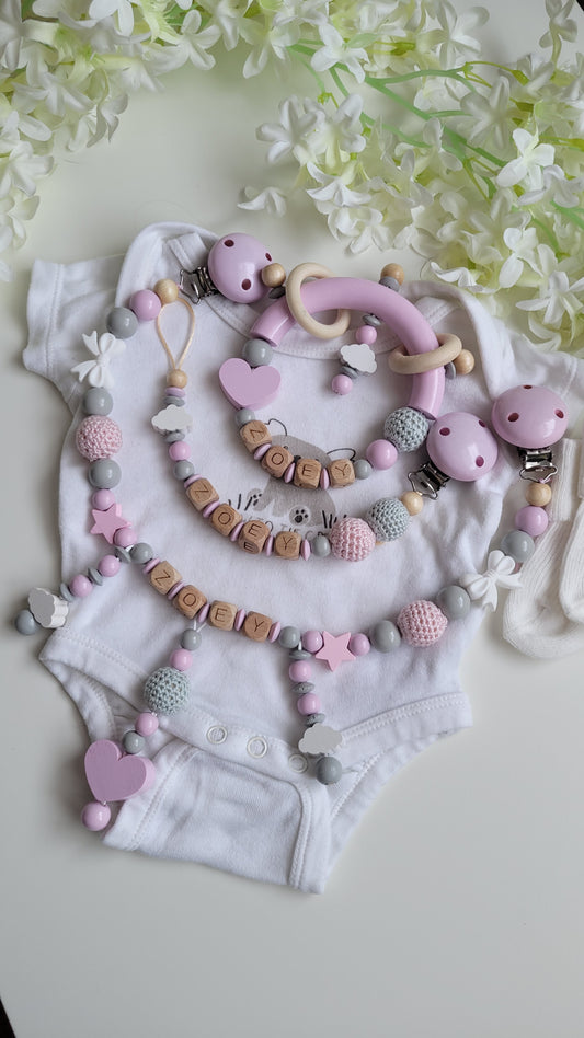 3tlg Set Schnullerkette Kinderwagenkette Greifling Rosa Wolke