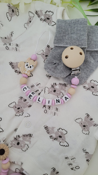 Kinderwagenkette & Schnullerkette *Eichhörnchen* rosa beige