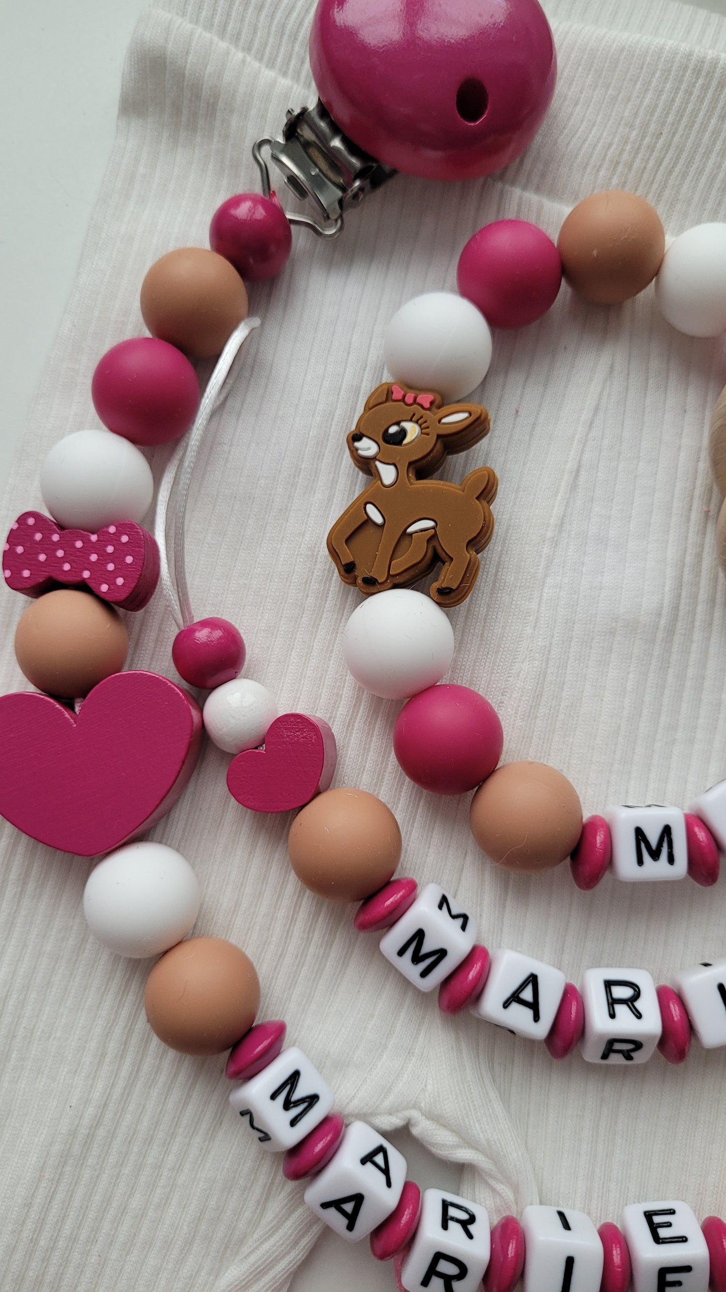 3er Set Schnullerkette Kinderwagenkette & Greifring mit Namen Rehe & Herzen
