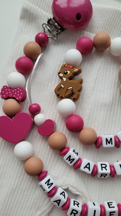 3er Set Schnullerkette Kinderwagenkette & Greifring mit Namen Rehe & Herzen