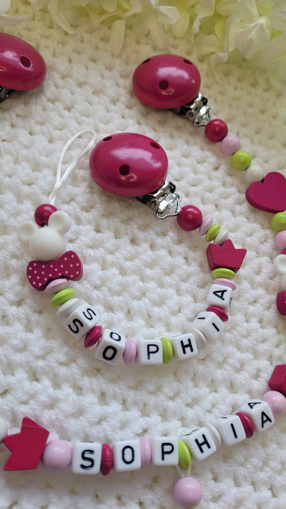 Kinderwagenkette & Schnullerkette mit Namen für Mädchen  Maus pink grün