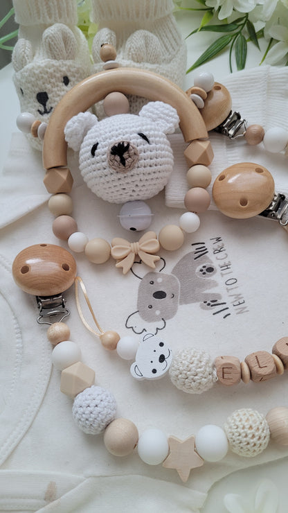 3tlg Set Schnullerkette Kinderwagenkette Greifling Teddy beige weiss
