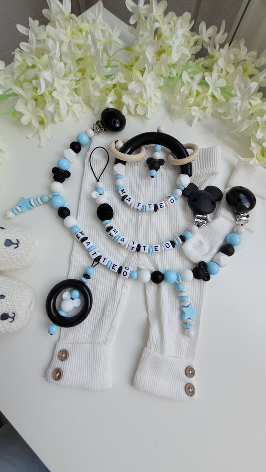 3tlg Set Schnullerkette Kinderwagenkette Greifling Maus blau schwarz