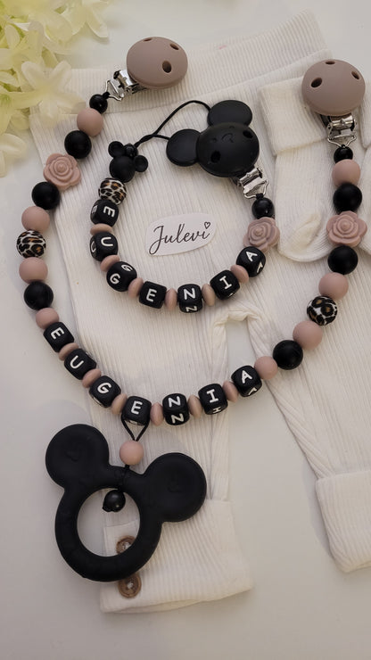 Kinderwagenkette & Schnullerkette mit Namen für Mädchen Maus & Leo